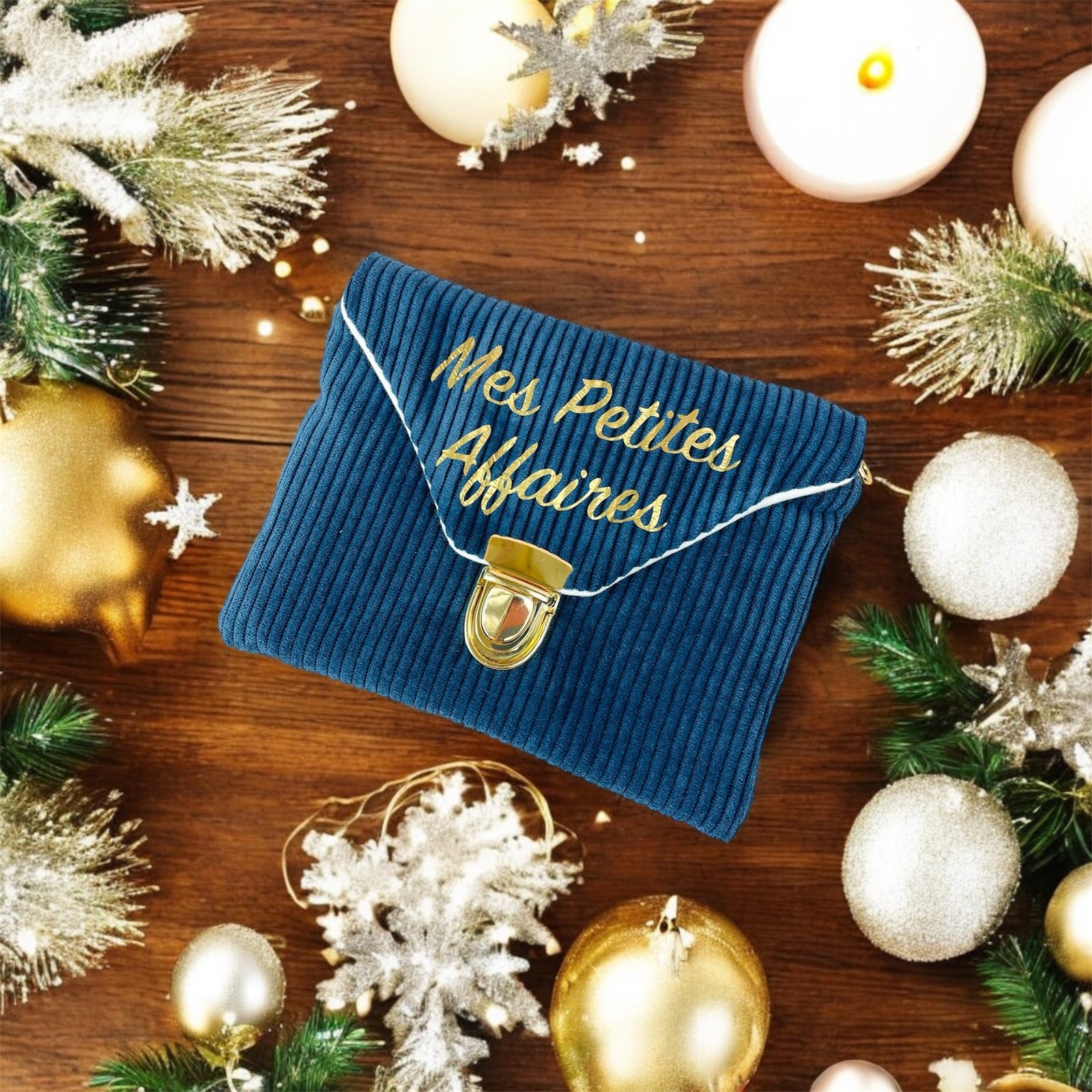 Pochette velours bleue marine